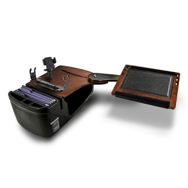Imagem de AutoExec AE-RDBSLH-PS-PM-21M Mesa de carro alcance para sua estação de trabalho de veículo e escritório móvel, banco traseiro lado esquerdo, mogno com suporte para impressora e suporte para telefone