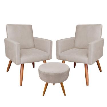Imagem de Kit 2 Poltronas/Puff Redonda Veludo Bege Pés Palito Castanho