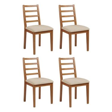 Imagem de Kit 4 Cadeiras De Jantar Em Madeira Maciça Aline Estofado Linho Bege - Mel - Marrom