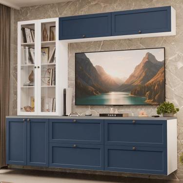 Imagem de Estante Sala De Estar Com Rack + Cristaleira 230cm Vik Madesa 01 Branco-azul