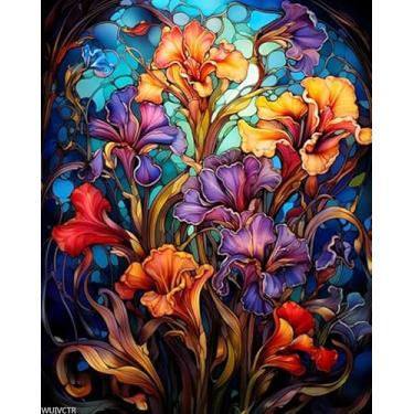 Imagem de WUIVCTR Kit de pintura a óleo DIY por número, lindas flores de íris, estilo vitral, pintura faça você mesmo por números, pintura a óleo, tela para desenho, presente, 40,6 x 50,8 cm, sem moldura