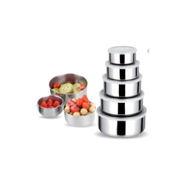Imagem de Conjunto de Potes em Aço Inox com Tampas de Silicone, 5 Peças, Capacidades 250ml a 1250ml, Design Moderno para Cozinha