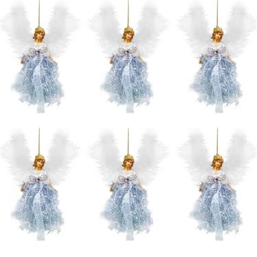Imagem de Pacote com 6 enfeites de anjo de Natal, bonecas de anjo de pelúcia penduradas com asas de penas brancas, cabelo dourado e decorações de árvore para decoração de casa de férias