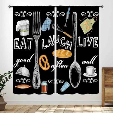 Imagem de Cortinas de cozinha retrô Farmhouse, garfo, colher, vintage, tema de cozinha, café, cortinas de janela country, cortinas de tratamento de janela preta para quarto, sala de estar, 2 painéis, 106 x 113
