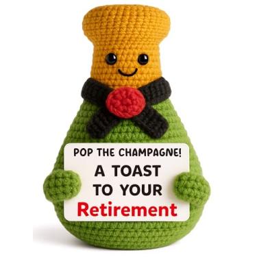 Imagem de Presente engraçado de celebração de aposentadoria – Garrafa de champanhe de crochê colecionável para colegas de trabalho, chefe, homens e mulheres, decoração de mesa de escritório, presente de festa