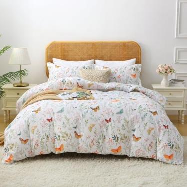 Imagem de Mooreeke Conjunto de edredom floral, king size, borboleta e estampa botânica para todas as estações, cama vintage de 3 peças em uma bolsa com edredom acolchoado fofo reversível e 2 fronhas