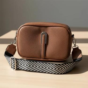 Imagem de Bolsa Transversal Feminina Premium, Couro Sintético, Alça Estampada Chevron, Impermeável, Design Luxo, Preta e Bege (Marrom)