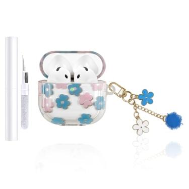 Imagem de AZGYIAI Capa compatível com Apple AirPods 4ª geração (2024), TPU macio com estampa floral fofa para AirPods 4, capa com chaveiro de flores e kit de limpeza para meninas e mulheres (azul)