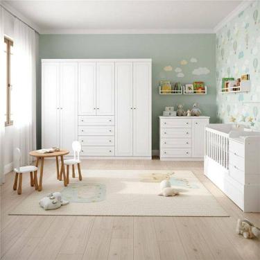 Imagem de Quarto Infantil 6 Portas Mississipi Com Berço Multifuncional Cleo Ambiente Branco Fosco E Colchão Ortobom - Henn