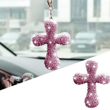 Imagem de Pingente de espelho retrovisor de carro com cruz de cristal brilhante, enfeite de decoração religiosa, acessório interior automotivo cintilante (Roxo)