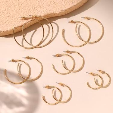 Imagem de Conjunto de 6 pares de brincos de argola banhados a ouro 14K, brincos de argola de aço inoxidável, joias femininas de ouro/prata para presente, normal size, Ferro Aço inoxidável Metal, Sem pedra