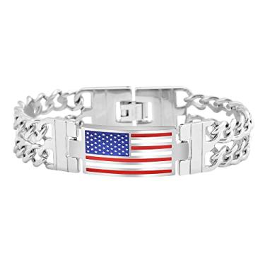 Imagem de Edforce Stainless Steel Pulseira masculina de corrente curban duplo com bandeira americana, Aço inoxidável, Sem pedras preciosas