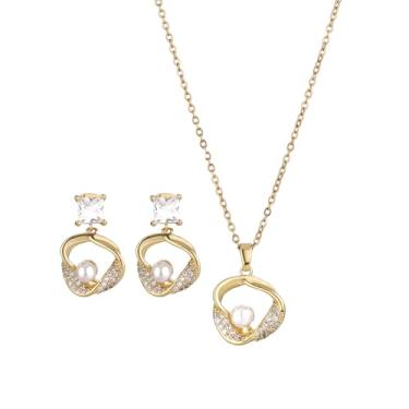 Imagem de Elegante conjunto de joias de pérolas, colar geométrico banhado a ouro e brincos com zircônia cúbica, estilo retrô francês