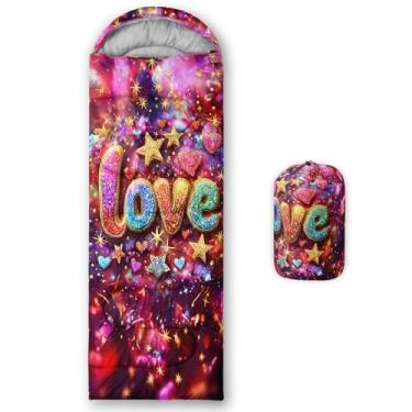 Imagem de lneffble Saco de dormir infantil com letras de corações de estrelas rosa e douradas, adequado para crianças, meninos e meninas, portátil, impermeável, compacto e leve, ótimo para acampamento ao ar