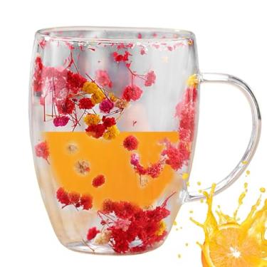 Imagem de Caneca de café de, canecas de vidro com alças - Canecas de vidro com alça ergonômica | Caneca de café flores secas dupla camada de isolamento térmico copo de café de vidro para aniversário ano natal