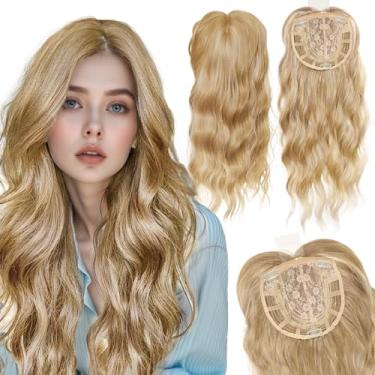 Imagem de CROWN GUIDE Toppers de cabelo para mulheres com cabelo fino de 50,8 cm, 360° 3D de peruca para mulheres encaracolado sintético ondulado com clipe em franja para uso diário (champanhe loiro, 50,8 cm)