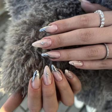 Imagem de Pregos postiços médios longos de amêndoa francesa prata com estrelas simples pérola Desien cobertura completa cola acrílica falsa em unha para mulheres, 24 peças