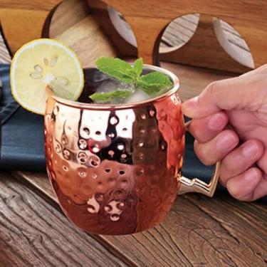 Imagem de Moscow Mule Canecas de cobre, copos de cobre, kit de coquetel de 510 g com porta-copos de palha para vinho, cerveja, bebida gelada, bar, festa, presentes