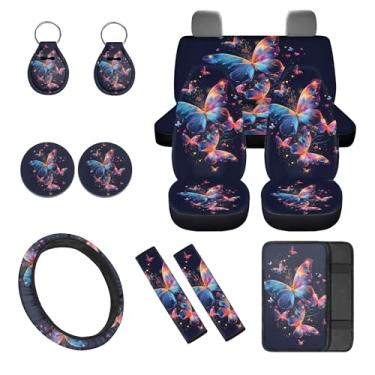 Imagem de gearider Conjunto completo de capa de assento dianteiro e traseiro borboleta com capa de volante, almofada de console central, almofadas de cinto de segurança, porta-copos e chaveiro, adequado para