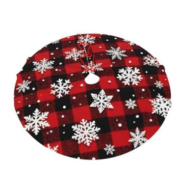 Imagem de Tapete vintage vermelho preto xadrez xadrez com floco de neve, saia para árvore de Natal, 91 cm, tapete para decoração de casa
