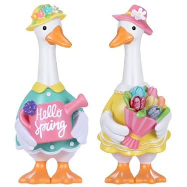 Imagem de Thyle 2 peças de estatuetas de ganso primavera decoração de jardim de resina com regador flores de tulipa, casa de fazenda, 14 cm, ornamentos de ganso de primavera para mesa, prateleira de cornija
