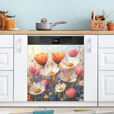 Imagem de ATTX Capa de ímã de lava-louças flores de primavera, 58 cm C x 66 cm A decoração da capa frontal da máquina de lavar louça, decalques de armário doméstico adesivos de eletrodomésticos #35