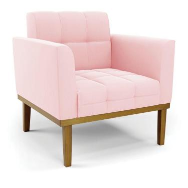 Imagem de Poltrona Base De Madeira Fixa Castanho Elisa Suede D03 - D\'rossi Cor Rosa Bebê