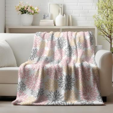 Imagem de Horaldaily Cobertor de flanela rosa amarelo cinza dália pinnata, primavera, verão, floral, macio, felpudo, aconchegante, cobertores de lã para sofá, cama, descanso, presentes ideais para crianças e