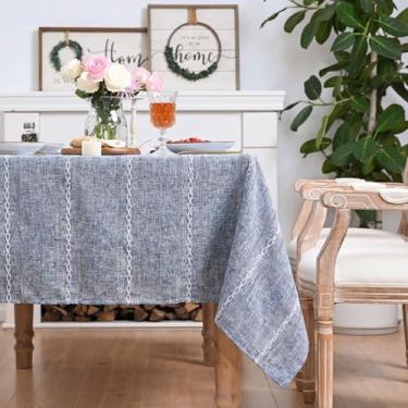 Imagem de Horaldaily Toalha de mesa retangular de linho de algodão azul 152 × 300 cm, estilo fazenda, lavável resistente a rugas, capa de mesa bordada com bainha para casa