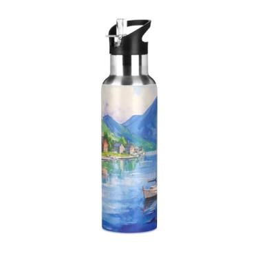 Imagem de Wassud A Boat on A Lake Garrafa de água esportiva de aço inoxidável com isolamento a vácuo de 1000 ml com tampa de canudo à prova de vazamento, copo portátil para viagem de academia