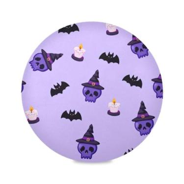 Imagem de Wassud Jogo americano caveiras com chapéus de bruxa tapetes de mesa redondos para cozinha e jantar tapetes laváveis resistentes ao calor decoração de mesa 39 cm
