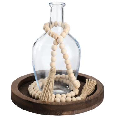 Imagem de Tiangrid 3 peças de decoração rústica de mesa rústica, vasos de vidro transparente, bandeja de madeira de nogueira, guirlanda de contas de madeira de juta branca com borlas para casamento, sala de