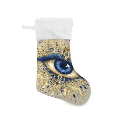 Imagem de Wassud Meia de Natal fofa com punho branco olho turco ouro 45,7 cm grande para decoração de lareira de lareira 1 pacote