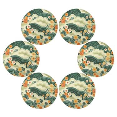 Imagem de Wassud Jogo americano conjunto de 6 tapetes redondos de ondas verdes para cozinha e jantar tapetes laváveis resistentes ao calor decoração de mesa 39 cm