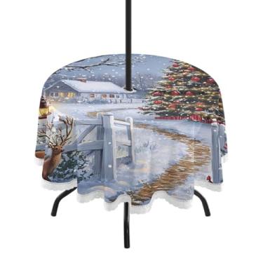Imagem de CEBUGI Toalha de mesa redonda para uso ao ar livre, árvore de Natal, impermeável, com furo Umberlla, capa de mesa lavável para pátio, cozinha, sala de jantar, 152 cm