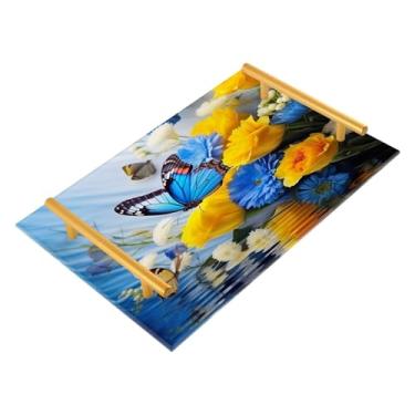 Imagem de Wassud Bandeja de banheiro de flores azuis e amarelas com alças organizador de perfume de acrílico para banheiro, quarto, cozinha, balcão de 30 x 20 cm