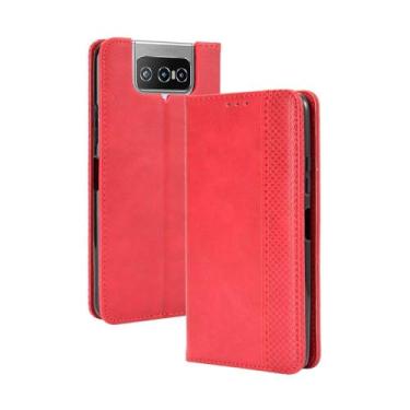 Imagem de Capa flip de couro para Asus Zenfone 7 ZS670KS,Flip magnético retro,Caso de telefone de couro PU,Design de carteira com 3 slots de cartão e 1 clipe de dinheiro -Red