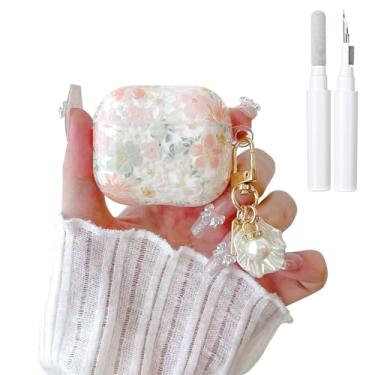 Imagem de Reownest Capa compatível com AirPods 4 com kit de limpeza, estampa de flores fofas, design moderno e floral transparente com chaveiro, capa protetora de TPU macio à prova de choque para meninas e