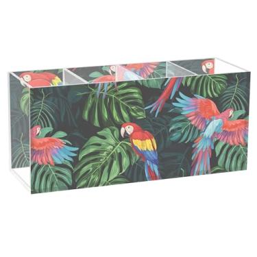 Imagem de Burbuja Porta-canetas de acrílico Tropical Parrots com 4 compartimentos, suporte de lápis transparente para pincéis de maquiagem, acessórios de mesa de escritório em casa