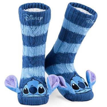 Imagem de Disney Meias de estar por casa para mulher, meias sapatilhas de mulher, meias antiderrapantes Stitch Mickey Minnie, Azul listrado Stitch, Tamanho único