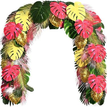 Imagem de Giegxin Conjunto de 46 peças de folhas de palmeira artificiais tropicais monstera verde rosa choque para flamingo, luau, havaiano, aloha, festa, verão, praia, tropical, aniversário, chá de bebê