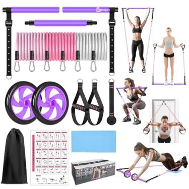 Imagem de BBTOPS Kit de barra de pilates com faixas de resistência, barra de exercícios de equipamento de pilates com rolo abdominal para treino abdominal, barra de ginástica portátil para ioga para mulheres e