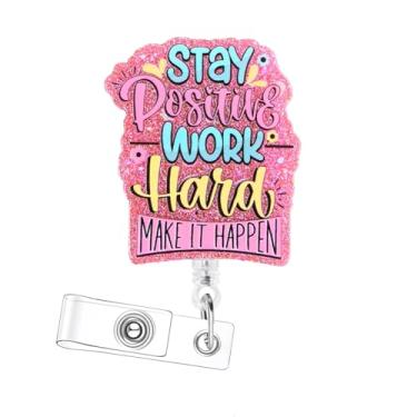 Imagem de Bellrela Porta-crachá retrátil com design de pato, conscientização da saúde mental com glitter rosa, clipe jacaré de 360°, corda de nylon durável, extensão de 73 cm