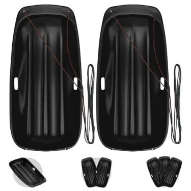 Imagem de DUNCHATY Pacote com 2 trenós de neve para crianças com corda e alça de tração de 5 m, trenó de tobogã de inverno de plástico downhill de 0,9 m, preto