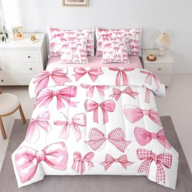 Imagem de Erosebridal Conjunto de edredom com laços rosa aquarela com lençóis, conjunto de cama casal para meninos e meninas, laço rosa, 7 peças, conjunto de cama de princesa com gravata borboleta