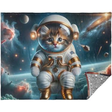 Imagem de TSENQUE Manta personalizada de gatinho astronauta fofo para sofá cobertor fofo de sofá para mulheres e homens cobertor xadrez verde 177,8 cm x 139,7 cm