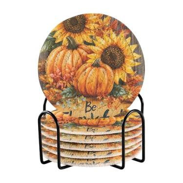 Imagem de Conjunto de 6 porta-copos circulares Golden Autumn Gratitude com rack de armazenamento preto, 10 cm de diâmetro, porta-copos de mesa de centro