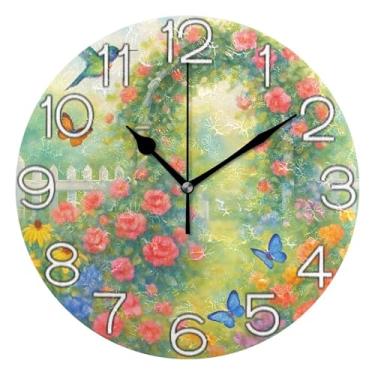 Imagem de Relógio de parede vintage de jardim floral borboleta pássaro analógico decorativo relógio de cozinha bonito operado por bateria silencioso, arte de parede boho decoração de casa, 25 cm, ponteiros