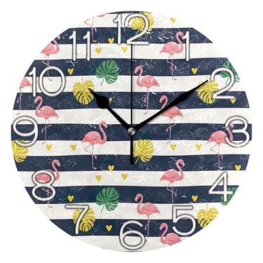 Imagem de GAIGEO Relógio de parede decorativo analógico relógio de cozinha rústico operado por bateria, decoração de sala de estar, arte moderna, desenho animado listrado flamingos rosa, 25 cm, ponteiros