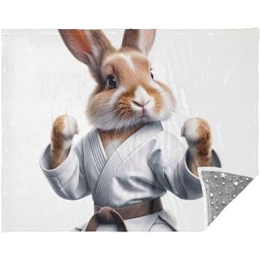 Imagem de Cobertor macio personalizado coelho karatê coelho para sofá sherpa presentes de viagem 177,8 cm x 139,7 cm padrão cobertor quente